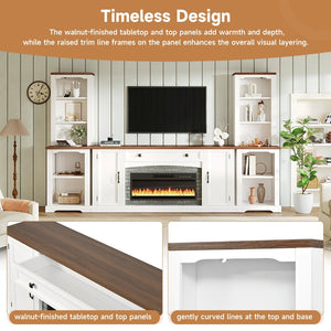 English Elm 3-piece Farmhouse Entertainment Center with Curved Cabinets Walnut Mdf Modular Living Room White N721S000072K