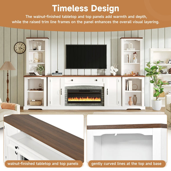 English Elm 3-piece Farmhouse Entertainment Center with Curved Cabinets Walnut Mdf Modular Living Room White N721S000072K
