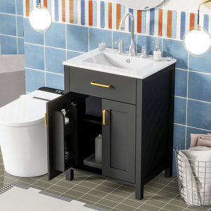 English Elm 24"Bathroom Luxurious Space-Saving Vanity with Ceramic Sink, Solid Wood Frame, Soft-Close Doors and Storage Black N729P183716B