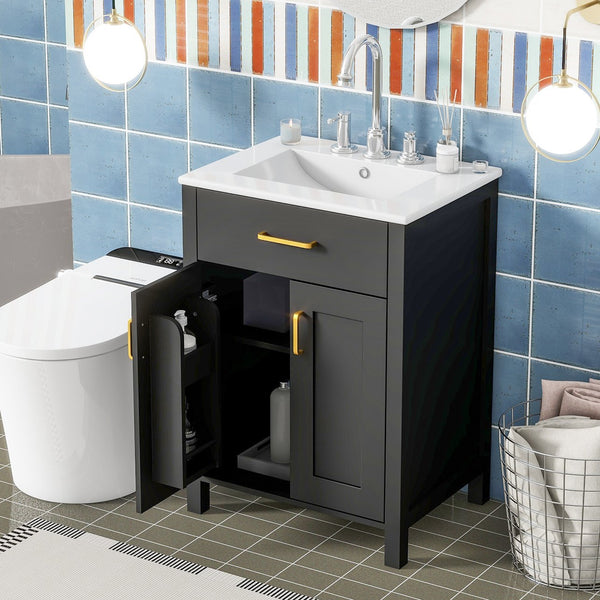 English Elm 24"Bathroom Luxurious Space-Saving Vanity with Ceramic Sink, Solid Wood Frame, Soft-Close Doors and Storage Black N729P183716B