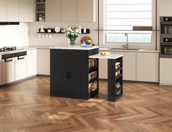 English Elm Extendable Kitchen Island Console with Open Shelving Drawers and Cabinet in Matte Black W1580S00274