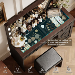 English Elm 43.4"Makeup Vanity Table with Large LED Mirror, Adjustable Brightness, 3 Drawers & Stool for Organized Glam Routine Black W2386P199525