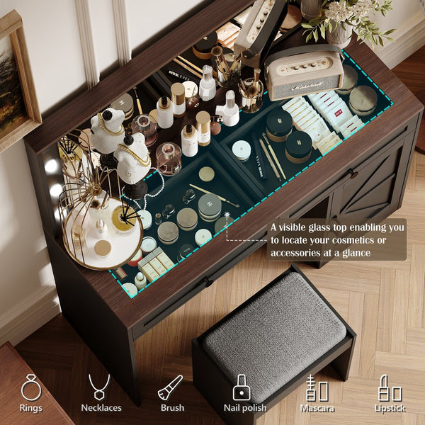 English Elm 43.4"Makeup Vanity Table with Large LED Mirror, Adjustable Brightness, 3 Drawers & Stool for Organized Glam Routine Black W2386P199525