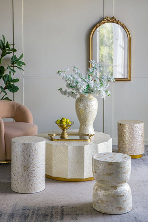 English Elm 14x14x18" Capiz Stool with Ogee Pattern and Brass Base — Modern Geometric Accent Seat for Living Spaces Gold W2078P326509