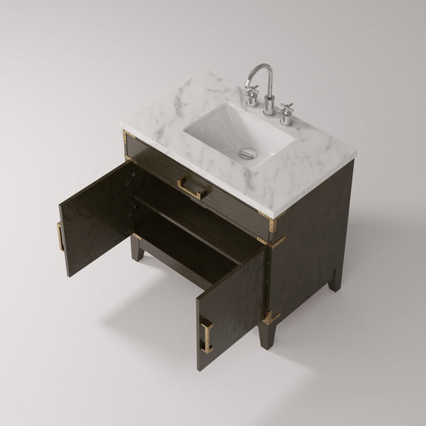 English Elm Brown Oak Single Bath Vanity With Carrara Marble Top & Chrome Faucet - Elegant Storage Solution B2731P259784