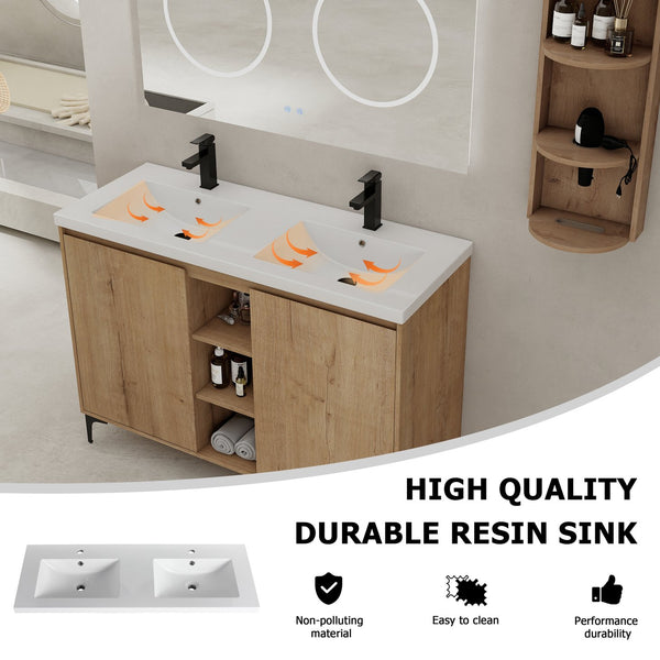 English Elm 48" Freestanding modern bathroom vanity with integrated white resin sink, soft-close doors, durable plywood finish Imitative Oak W999S00345