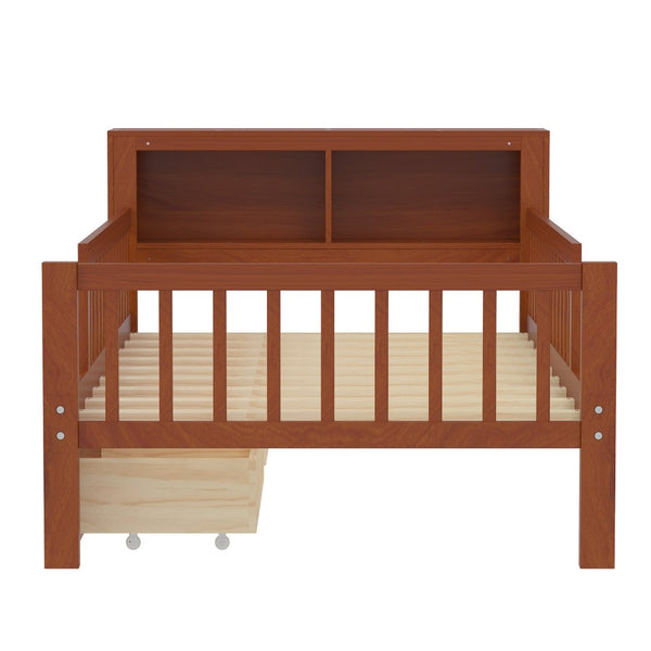 English Elm Twin Bed With Walnut Finish, Headboard Storage, Two Under-Bed Drawers & Safety Guardrails For Kids N733P272374D-GIGA