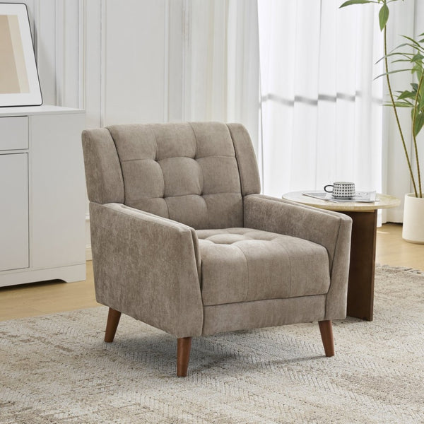 English Elm Mid-century Waffle Tufted Club Chair Solid Wood Splayed Legs Reading Lounge Accent Light Brown,Walnut N776P379535L