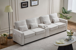 English Elm 114" Modern Upholstered Sofa with Console, Built-In USB & Cupholders, Durable Linen Fabric Comfort Beige W2353S00003