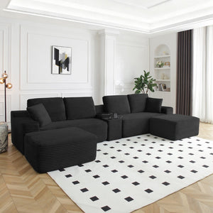 English Elm 125'' Modular L-shape Sectional Corduroy Cloud Couch with Storage and Usb Charging Black W1117S00420