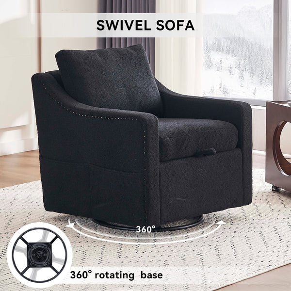 English Elm 011-Teddy Plush Swivel Accent Chair with High Back, Rivet Trim, 360° Rotation, Storage & Pockets Black W527P190836