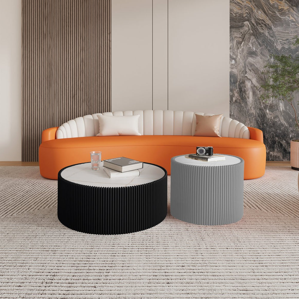 English Elm Light Marble Top Cylinder Coffee Table - Modern Leather-Wrapped Design For Elegant Living Spaces W3081P367605