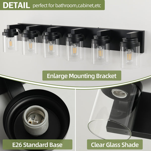 English Elm 6 Light Black Farmhouse Vanity Light with Clear Glass Shades, Matte Metal 37.5" Modern Waterproof Fixture W2312P389980