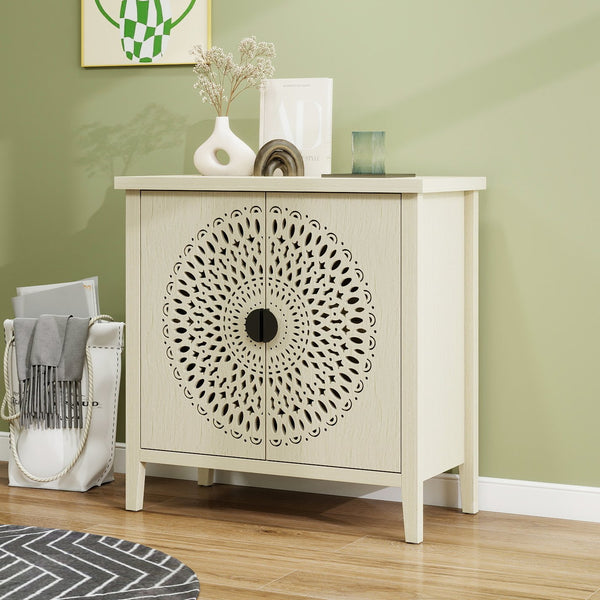 English Elm Hollow-Carved 2 Door Accent Cabinet with Adjustable Shelves, Anti-Tip Sideboard for Entryway Living Room Bedroom (36.11"L x 18.12"W x 7.68"H) W688P225282