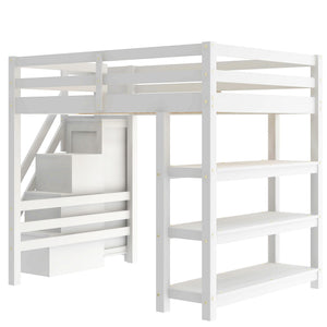English Elm Full Size Loft Bed With Integrated Shelves, Storage Staircase, Small Wardrobe & Led Lighting N7090000472K