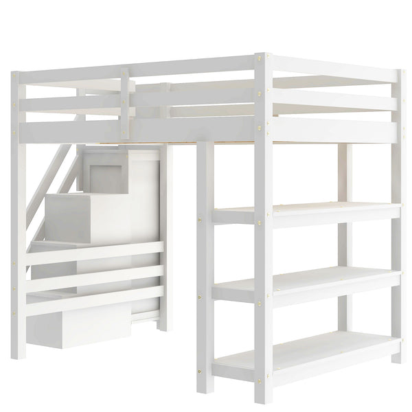 English Elm Full Size Loft Bed With Integrated Shelves, Storage Staircase, Small Wardrobe & Led Lighting N7090000472K