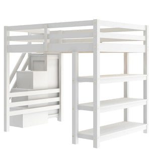 English Elm Full Size Loft Bed with Wardrobe Storage Staircase Shelves and Led Lighting N7090000472K-1