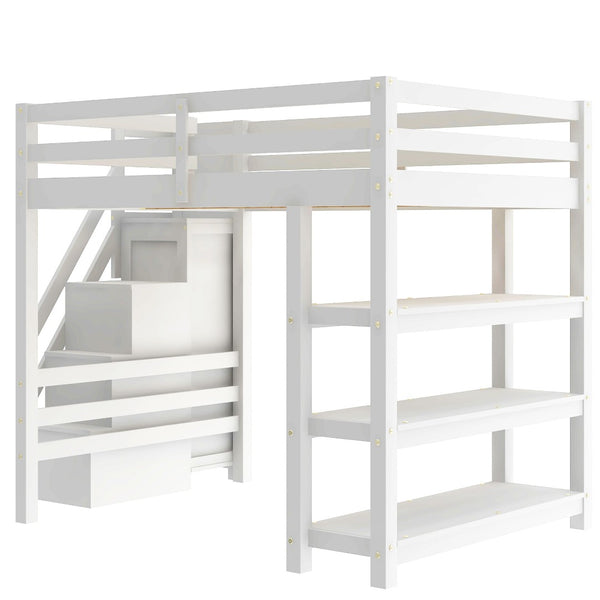 English Elm Full Size Loft Bed with Wardrobe Storage Staircase Shelves and Led Lighting N7090000472K-1