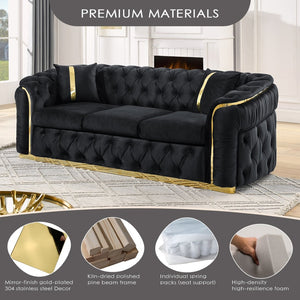 English Elm 2pcs Italian Velvet Chesterfield Sofa Set Tufted Three Seater with Gold Steel Legs W1191S00069