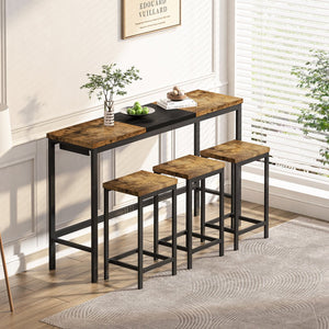 English Elm Modern Long Dining Table Set with Hanging Stools, Space-Saving MDF Top, Iron Frame Durability and Style Natural+Black W757P314433