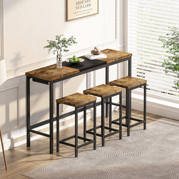 English Elm Modern Long Dining Table Set with Hanging Stools, Space-Saving MDF Top, Iron Frame Durability and Style Natural+Black W757P314433