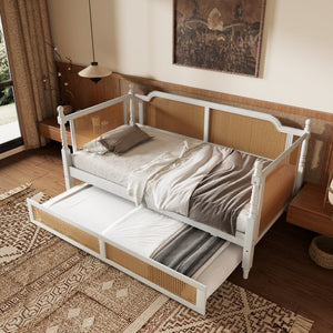 English Elm Traditional Rattan Headboard Twin Daybed Pine Frame with Under Bed Storage Drawers BS701P193919K