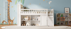 English Elm Full Size Kids Loft Bed with Led Headboard Open Shelving and Natural Wood Frame White N7090005024K