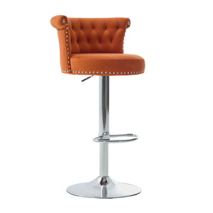 English Elm COOLMORE Velvet Bar Stool with Anti-Slip Large Base, Adjustable 360° Swivel, Plush Foam Comfort Orange W1539P320509