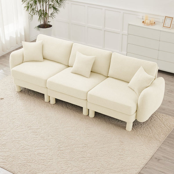 English Elm Boucle 3-Seater Sofa With Chic Shell-Shaped Armrests, Cylindrical Legs, And Plush Beige Upholstery W3041S00276