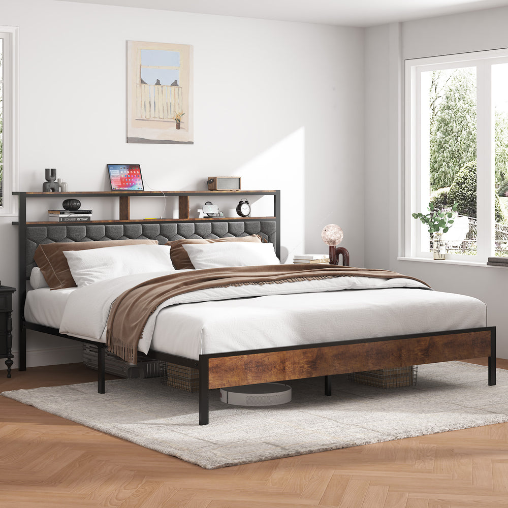 English Elm King platform bed with upholstered headboard, built-in USB & Type-C charging, large hidden storage, silent assembly Brown W636P317031