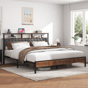 English Elm King platform bed with upholstered headboard, built-in USB & Type-C charging, large hidden storage, silent assembly Brown W636P317031