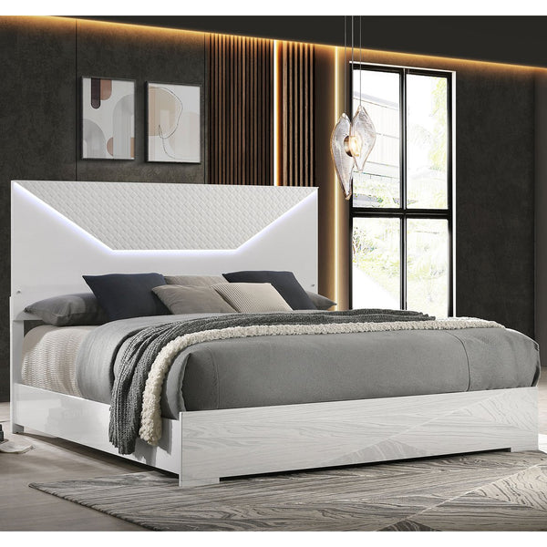 English Elm Pierce Queen Bed White High Gloss LED Headboard Diamond Panel Modern Platform Bed with Halo Lighting B062S01368