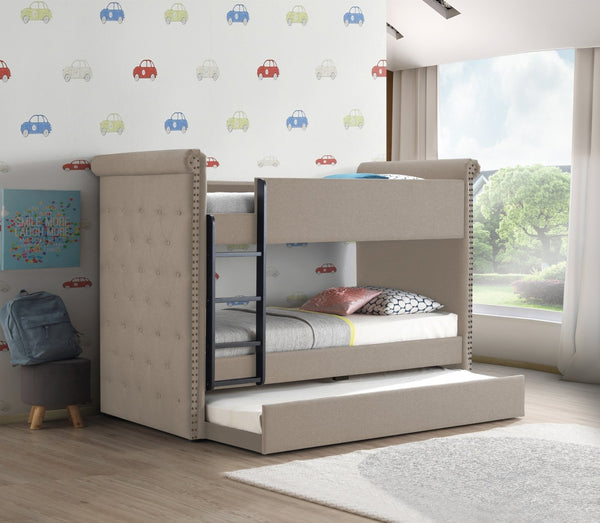English Elm Romana Upholstered Twin Bunk Bed with Trundle Tufted Nailhead Trim Kids Guest Room B2726S00577