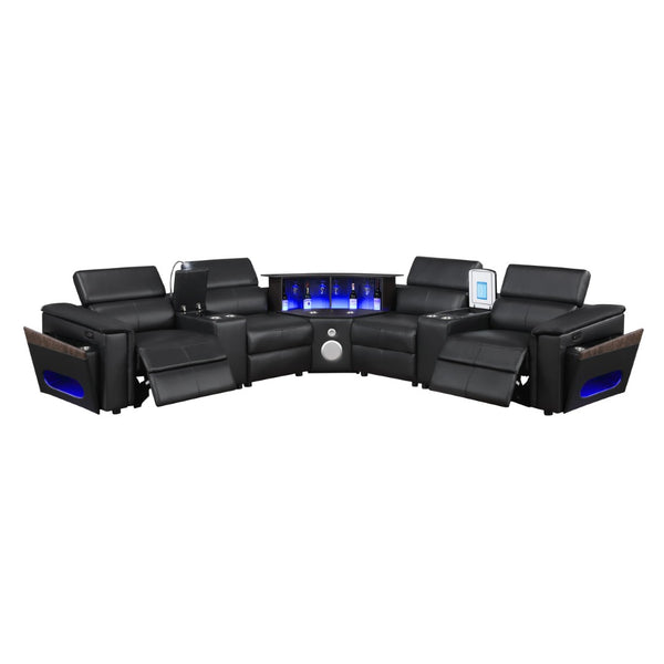 English Elm Nova Tech Sectional with Led Bar Bluetooth Speakers Power Recliners and Freezer Console Black B009S02165