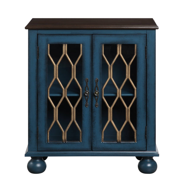 English Elm Lassie Antique Blue Console Cabinet with Glass Doors & Turned Legs, 2-Door Storage, 70lb Top Limit B2726P272971