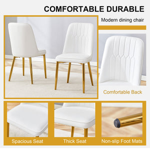 English Elm 4 Modern Dining Chairs White Gold PU Leather Ergonomic Seat Thick Cushion Metal Legs Anti-Slip Pads W1151P250089