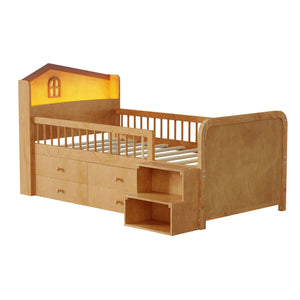 English Elm Low Twin Loft Bed with House-Style Headboard and Built-In LED Lights for Modern Kids' Rooms Natural 42.91 L x 28.35 W x 6.69 H W2593S00007