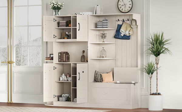 English Elm Multifunctional Modular Hall Tree Cabinet with Open Shelves and Hooks for Entryway Beige W1580S00565
