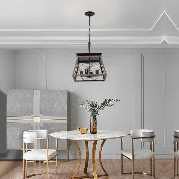 English Elm 16" Walnut Iron Cage Chandelier 4 Light Industrial Pendant for Dining or Kitchen Island W2312P477248