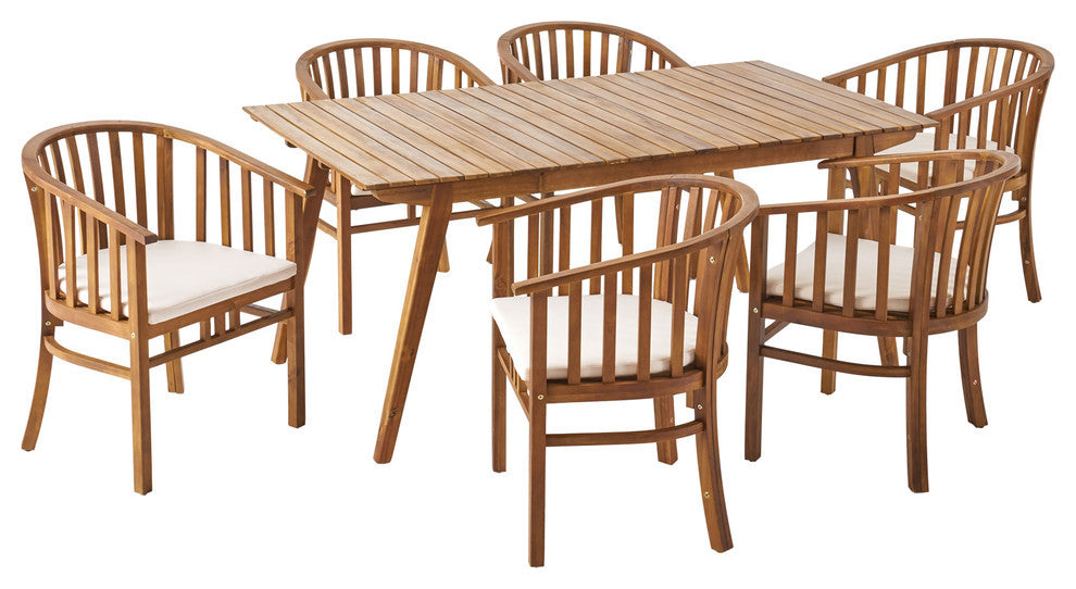 English Elm Christopher Knight Home® - Outdoor 6 Seater Acacia Wood Dining Set with Teak Finish, Water-Resistant Cream Cushions, Handcrafted Elegance 65491.006_60388.00
