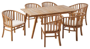 English Elm Christopher Knight Home® - Outdoor 6 Seater Acacia Wood Dining Set with Teak Finish, Water-Resistant Cream Cushions, Handcrafted Elegance 65491.006_60388.00