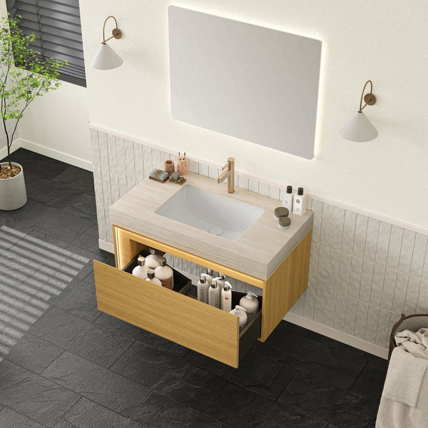 English Elm NYAH Floating 36" Bathroom Vanity with Sintered Stone Top, Ceramic Undermount Basin, LED Sensor Lighting and Soft-Close Drawer System Beige,Light Oak W2615S00369