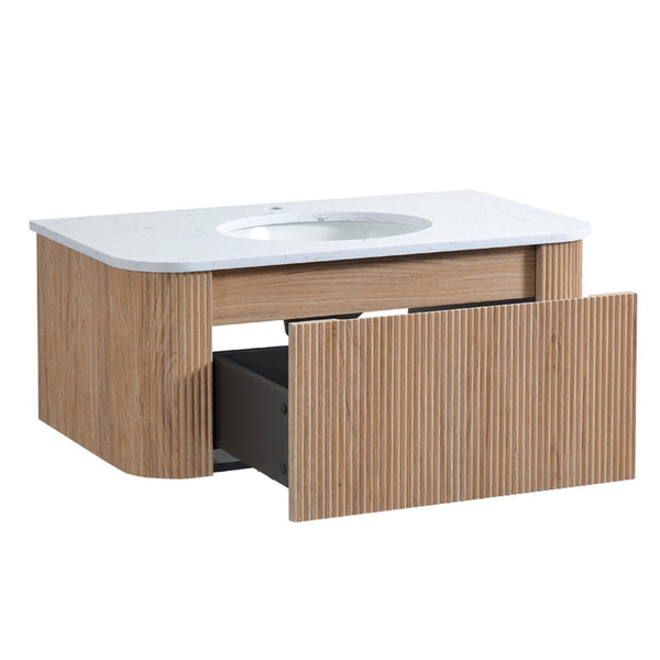 English Elm Arcora Floating Bathroom Vanity Slatted Wood Front Carrara Marble Ceramic Sink Modern W3235S00008