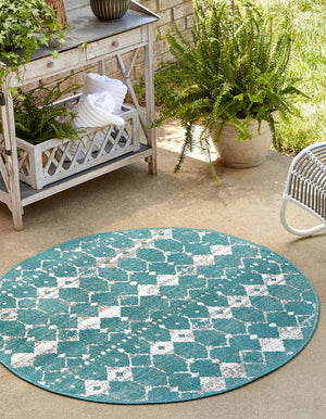 Unique Loom Outdoor Trellis Cardak Machine Made Geometric Rug Teal, Ivory/Gray 7' 1" x 7' 1"