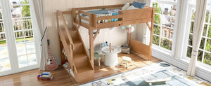 English Elm Twin Low Loft Bed Solid Pine Frame Kids Study Desk Blackboard Storage White Antique Natural W1580S00553