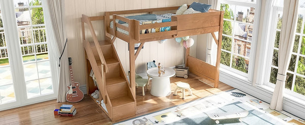 English Elm Twin Low Loft Bed Solid Pine Frame Kids Study Desk Blackboard Storage White Antique Natural W1580S00553
