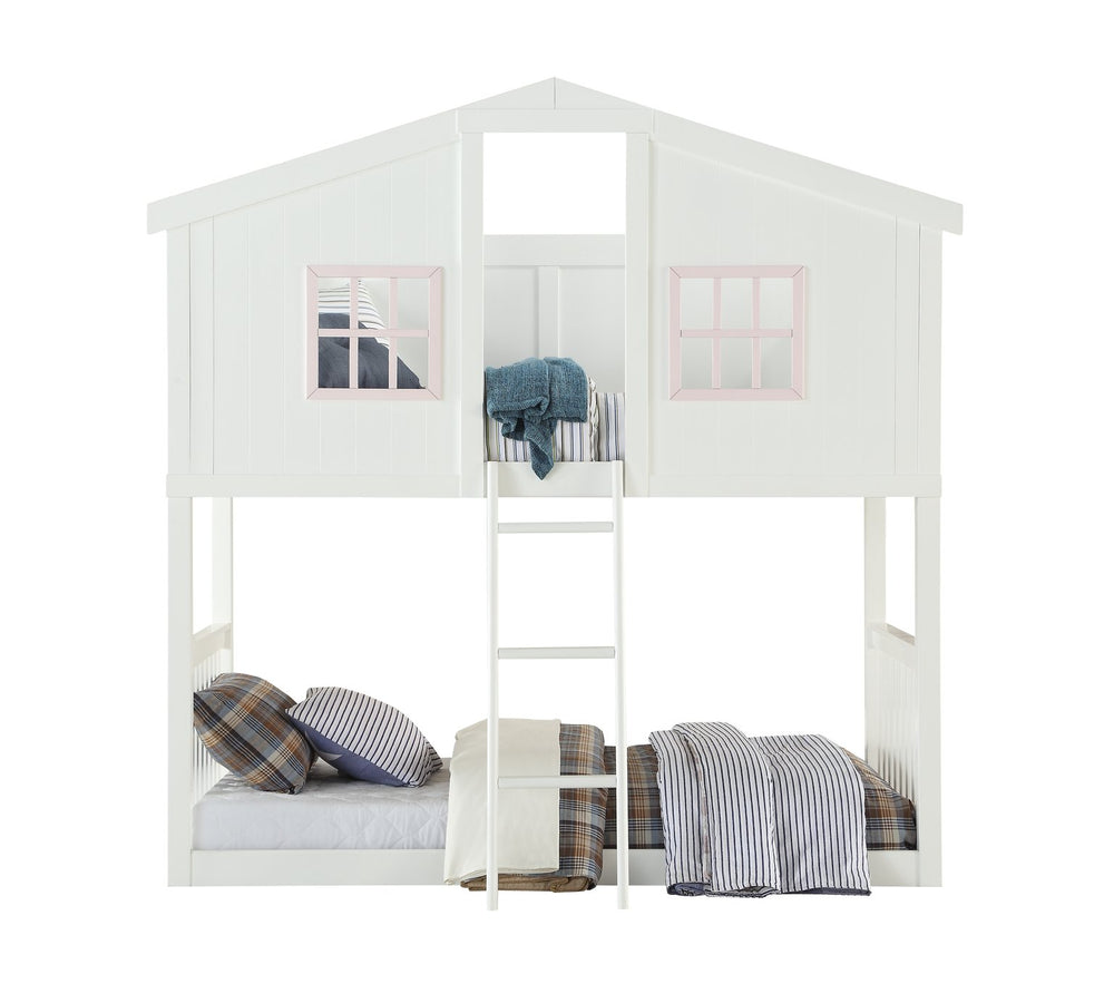 English Elm Rohan Twin-Over-Twin Cottage Bunk Bed in White & Pink – Solid Pine, 660lb Capacity, Playful Doorway Roof B2726S00268