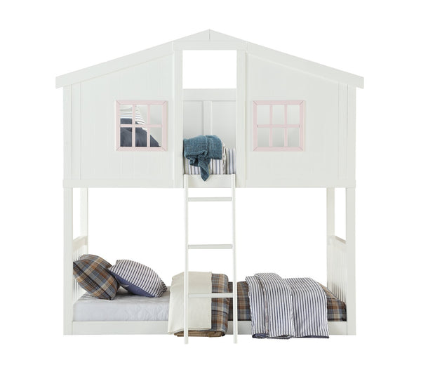 English Elm Rohan Twin-Over-Twin Cottage Bunk Bed in White & Pink – Solid Pine, 660lb Capacity, Playful Doorway Roof B2726S00268