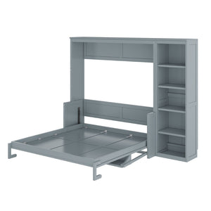 English Elm Queen Size Murphy Bed With Integrated Desk & Bookshelf – Stylish Gray Space-Saving Solution! N7090004016E-GIGA