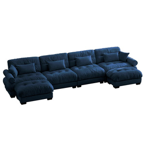 English Elm U Cloud Sectional Sofa with Movable Ottomans, Deep Velvet 4‑Seat Convertible Corner Couch, Plush Support and Bolster Arms Blue W714S01121